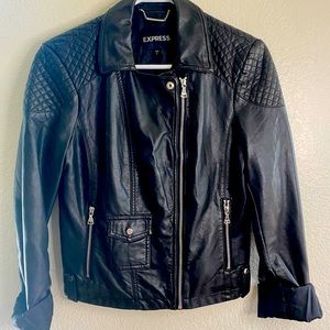 Express sz M Black Cropped Motorcycle Leather Jacket with Silver accents